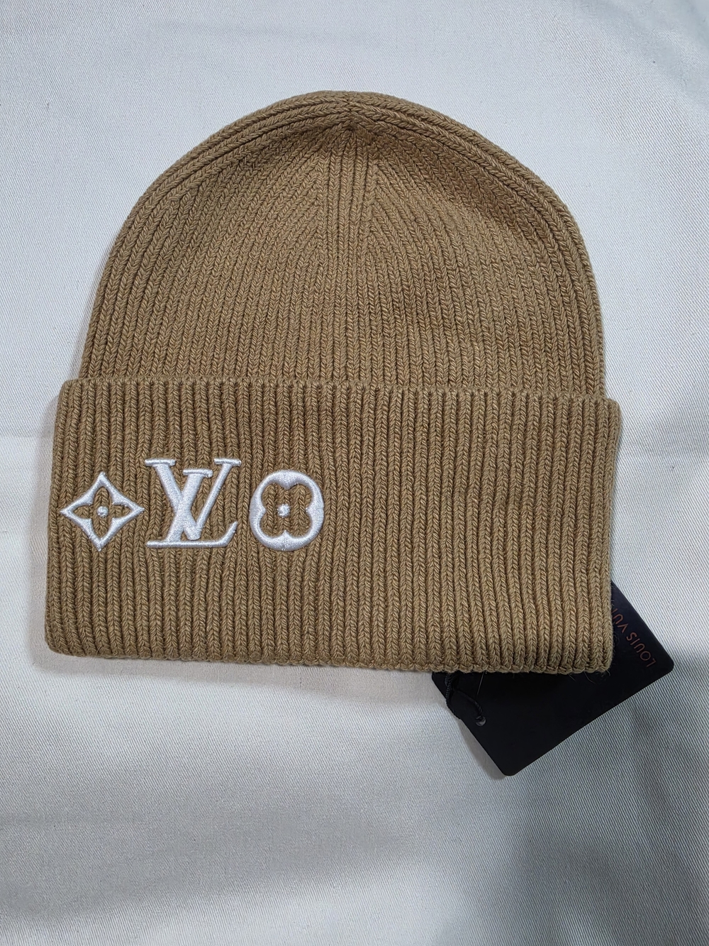 Men's Tan Ribbed Knit Beanie with White Embroidery